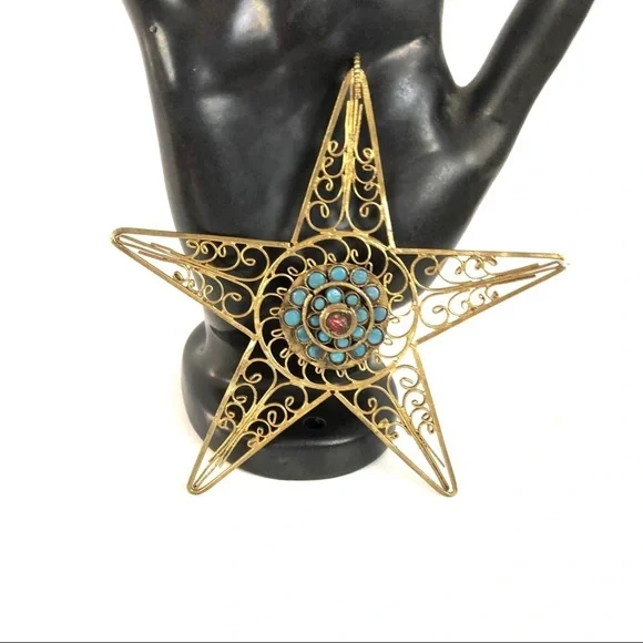Rare star turquoise coral vintage pendant gold filigree
